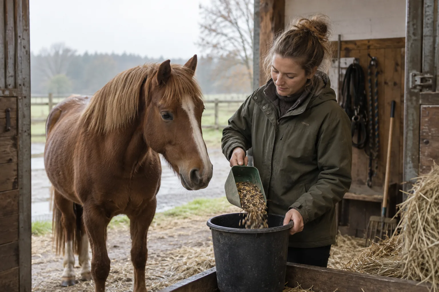 Hesteejer måler foder op, mens en pony står ved siden af